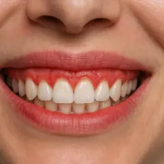 Uśmiech z widocznymi dziąsłami, tworzący tzw. gummy smile.
