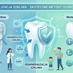 Ilustracja pokazuje remineralizację szkliwa. Pasty z fluorem i lakiery fluorowe wzmacniają zęby.