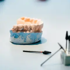 Model szczęki, na którym powstaje proteza elastyczna, obok narzędzi dentystycznych.