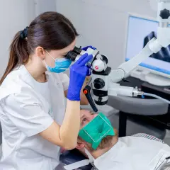 Dentystka w masce i rękawiczkach bada ząb pacjenta pod mikroskopem. Na ekranie widać zdjęcie rentgenowskie. To nowoczesne leczenie kanałowe, cena zabiegu zależy od skomplikowania.