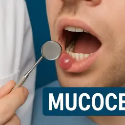 Lekarz bada powiększoną, różową zmianę na wardze – to mucocele.