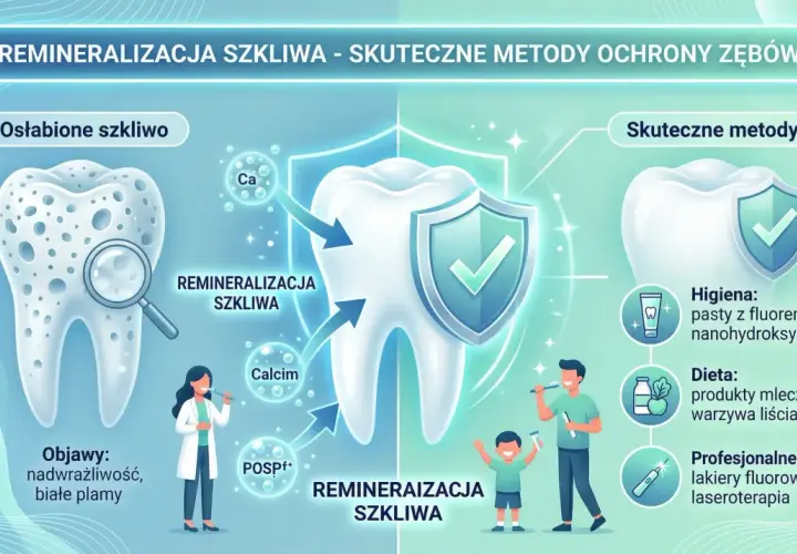 Ilustracja pokazuje remineralizację szkliwa. Pasty z fluorem i lakiery fluorowe wzmacniają zęby.