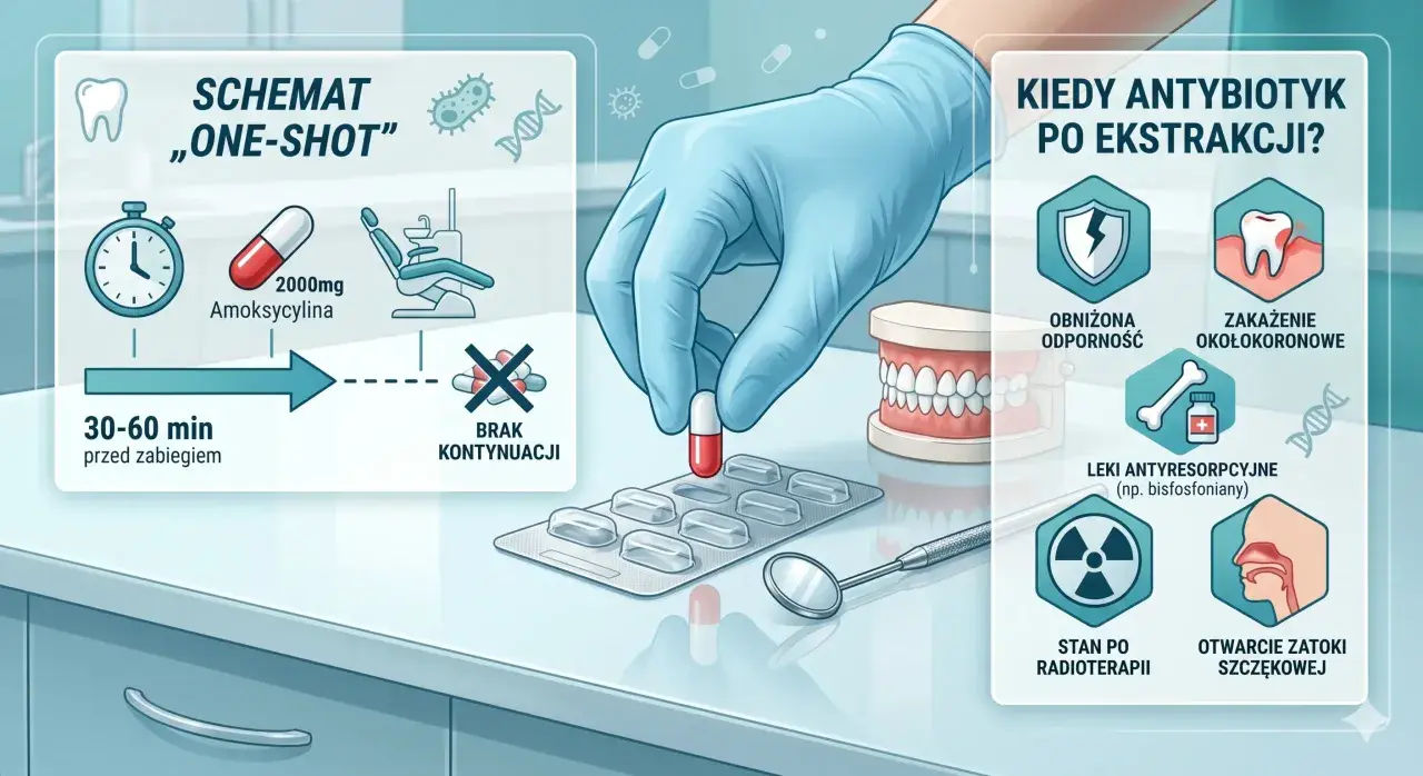 Schemat "one-shot" antybiotyk na zęba: amoksycylina 2000mg 30-60 min przed zabiegiem. Kiedy antybiotyk po ekstrakcji?