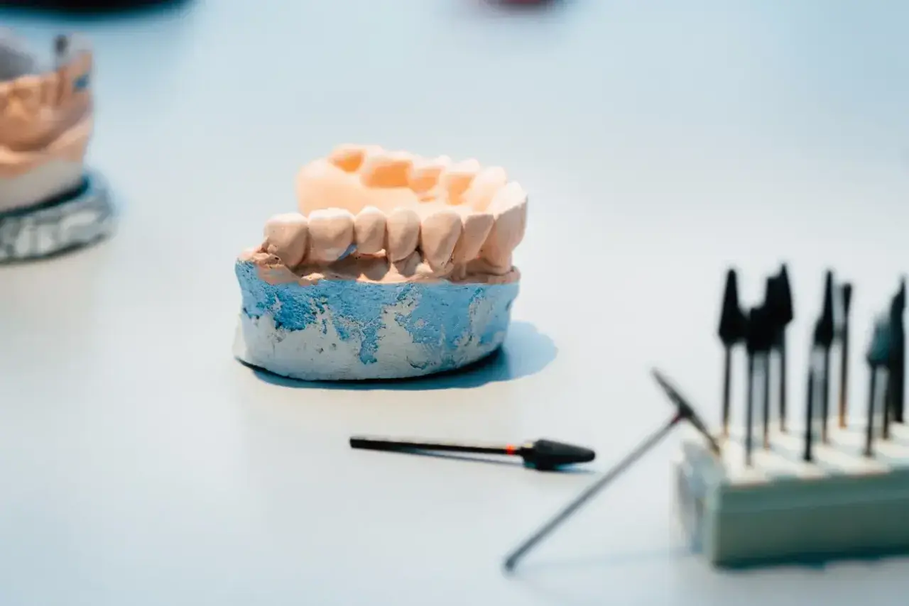 Model szczęki, na którym powstaje proteza elastyczna, obok narzędzi dentystycznych.