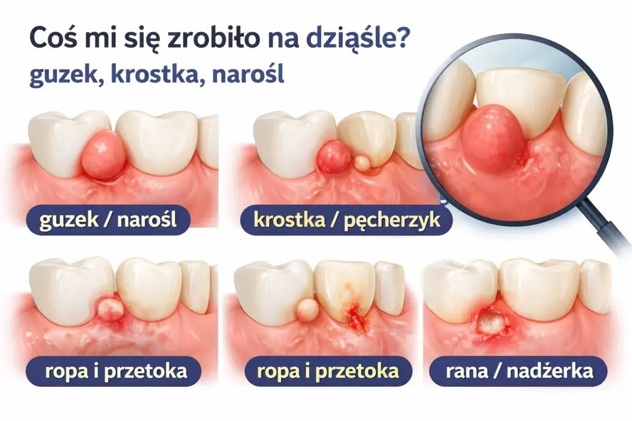 Ilustracja pokazuje różne zmiany na dziąśle: guzek, krostkę, ropę i przetokę, a także ranę.