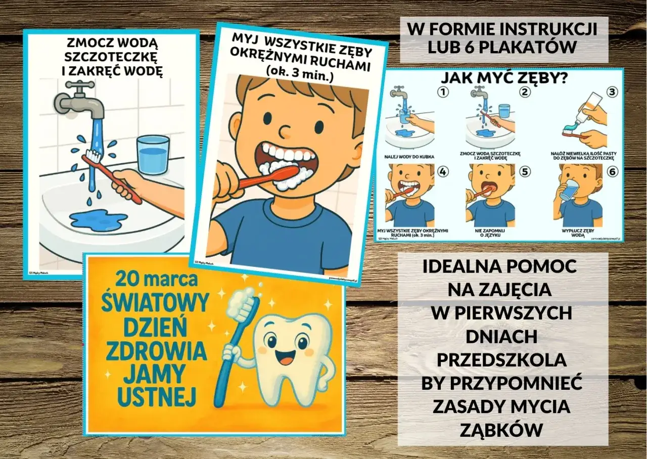 Ilustracje pokazują, jak prawidłowo myć zęby, aby zachować zdrowe zęby mleczne.